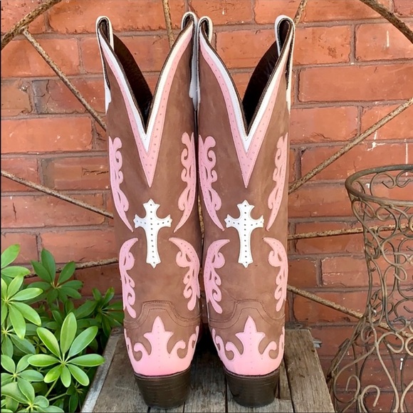 LANE Grace Cross Tall Brown Pink White Leather Cowboy Western Boots, Size 7.5 - Picture 11 of 13